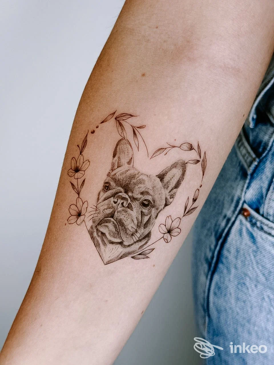 Tatuaggio su avambraccio interno: ritratto realistico di un bouledogue entro un cuore floreale. Accademia – More Than Tattoo, Rozzano.