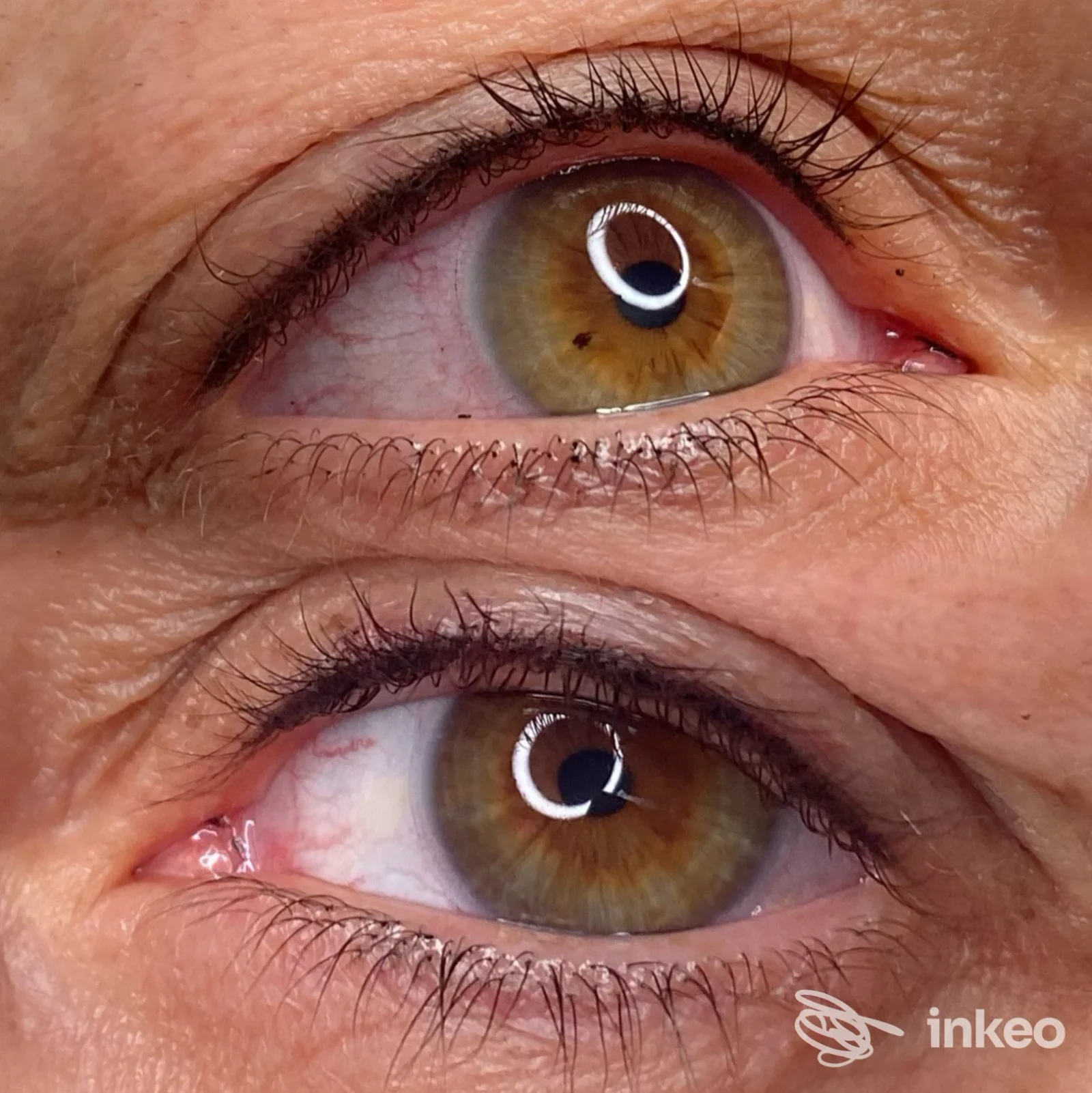 Primo piano di occhi castani con eyeliner permanente sulla linea ciliare, lavoro di Martina Fabbri PMU/microblading studio brows & lashes a Roma.