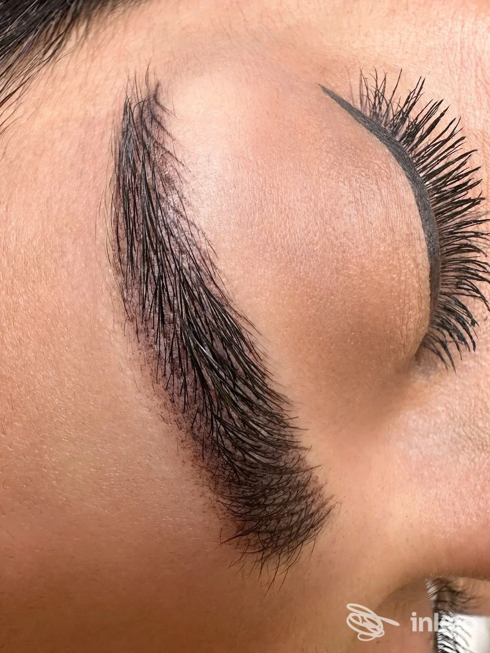 Primo piano di sopracciglio e eyeliner permanente eseguiti alla Clinica & Accademia PMU di Anna Maria Finelli, Roma.