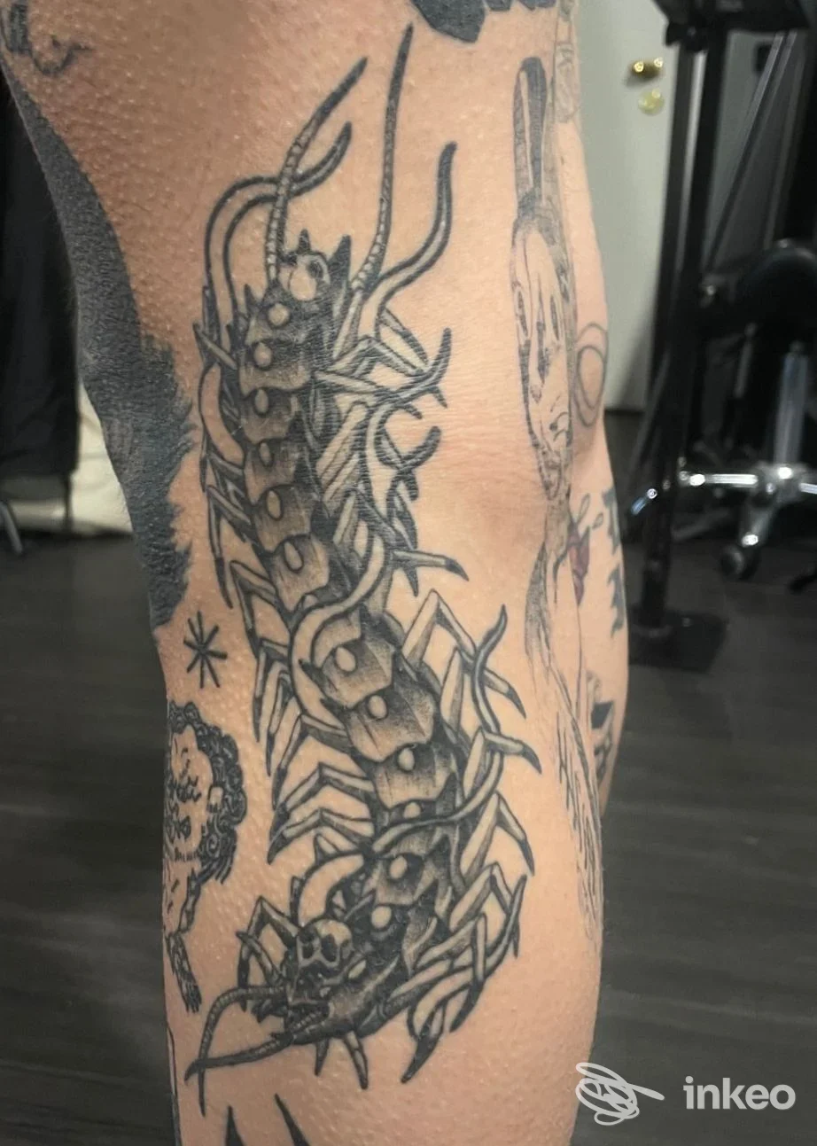 Tatuaggio reale visibile su gamba: scorpione stilizzato in bianco e nero con corpo segmentato e zampe lunghe, realizzato sulla pelle nella zona della gamba; si vede parte della pelle e altri tatuaggi circostanti. Opera di Mattia Provezza, Montichiari.