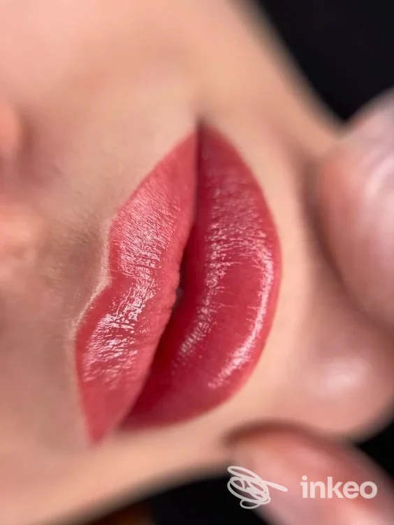 Primo piano di labbra con dermopigmentazione rosso brillante, A|G STUDIO BEAUTY & PERMANENT MAKE UP, Roma.