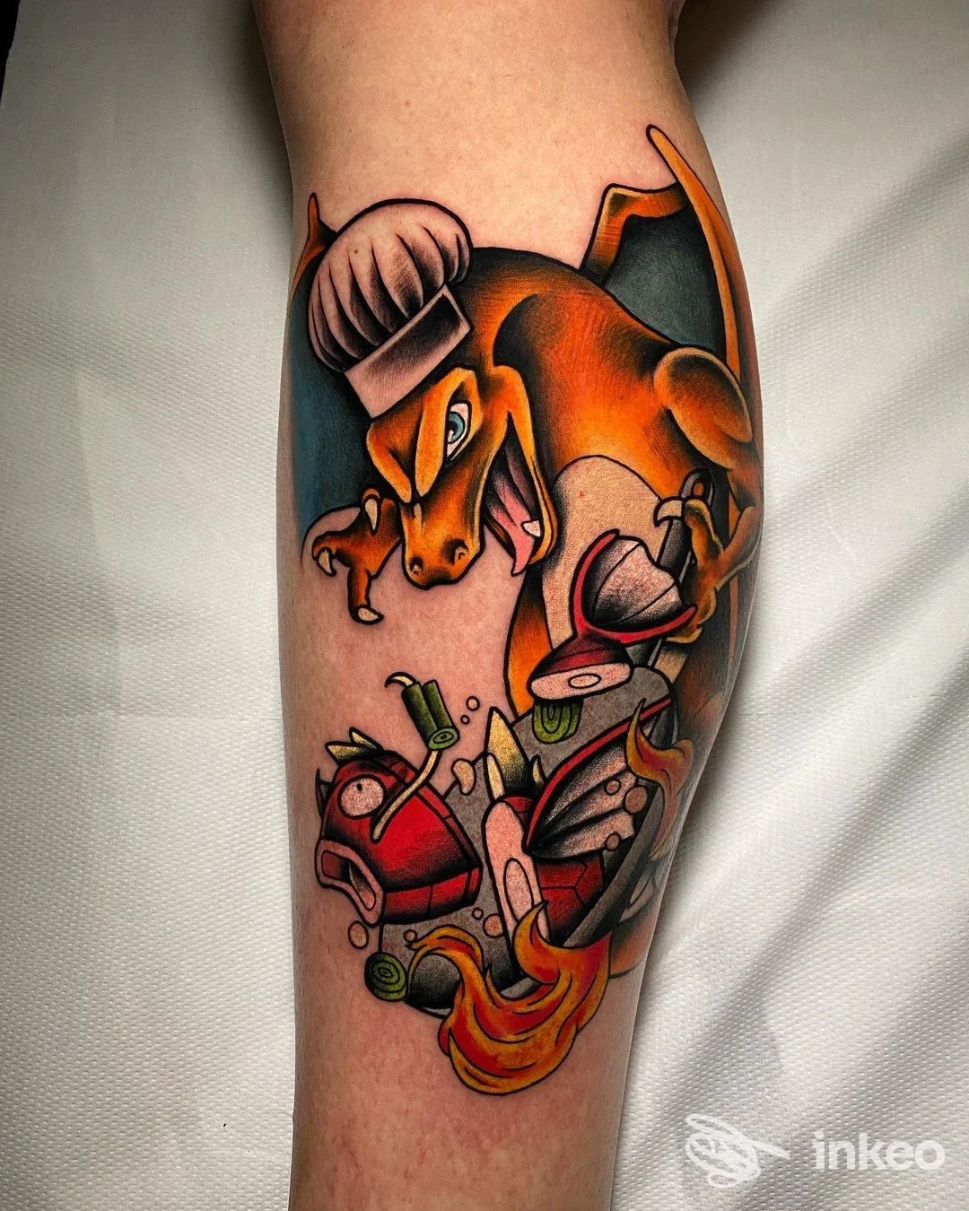 Tatuaggio colorato su avambraccio raffigurante un drago stile new school. Mr.Jack Tattoo Family, Roma.