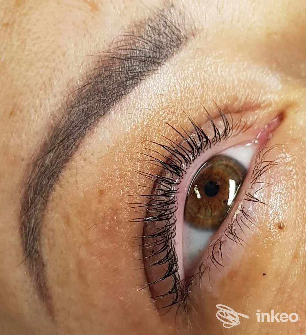 Primo piano di sopracciglio con trucco semipermanente, dettaglio del contorno occhi. Enry Nails And Beauty Centro Estetico, Reggio nell'Emilia.