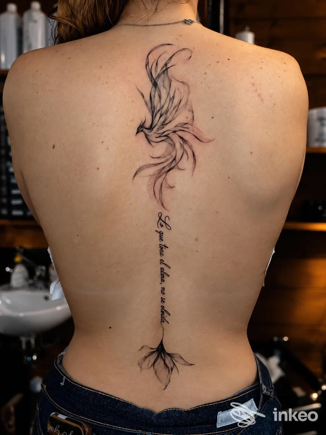Tatuaggio lungo sulla colonna vertebrale con motivo floreale e scritta centrale, foto INK ATELIER Tattoo & Piercing, La Spezia.