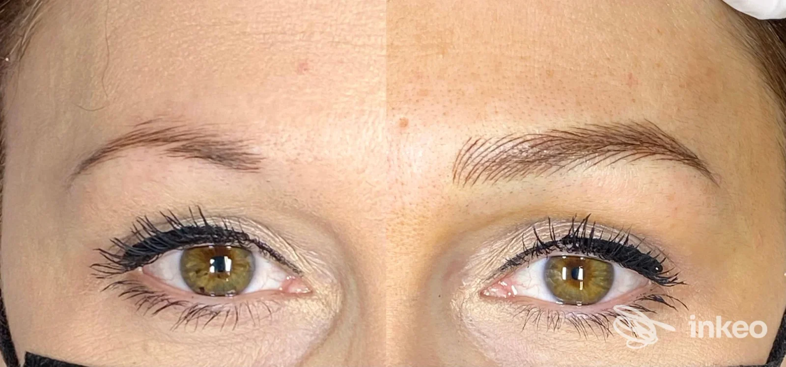 Microblading prima/dopo sulle sopracciglia realizzato da Microblading by Gabriella a Monfalcone, primo piano degli occhi e sopracciglia.