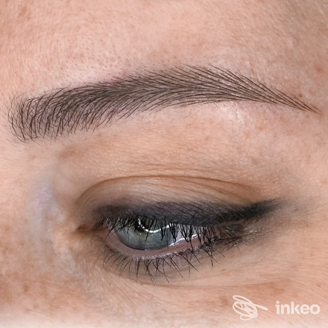 Primo piano di sopracciglio e eye-liner permanente realizzati dallo studio Ilinca Dobrea - Phiacademy Master a Torino.