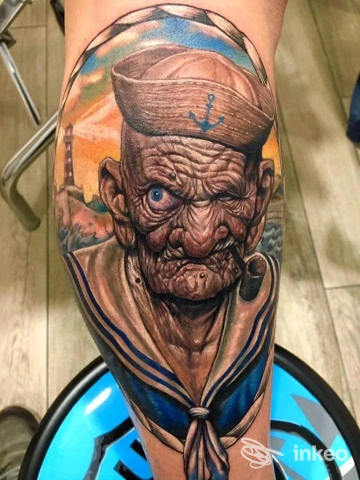 Tatuaggio colorato su avambraccio raffigurante un vecchio marinaio; Tattoo Experience, Ancona.