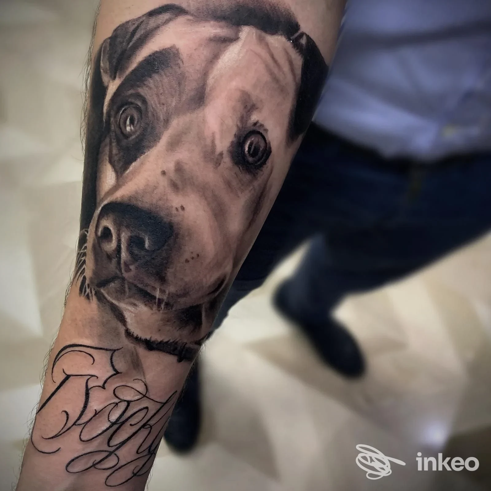 Tatuaggio realistico in bianco e nero di un volto di cane sull'avambraccio, foto fornita da Loyalty Ink Studio a Termoli.