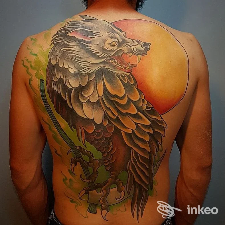 Grande tatuaggio su tutta la schiena raffigurante una testa di lupo e ornamenti, Saints & Sinners, Campobasso.