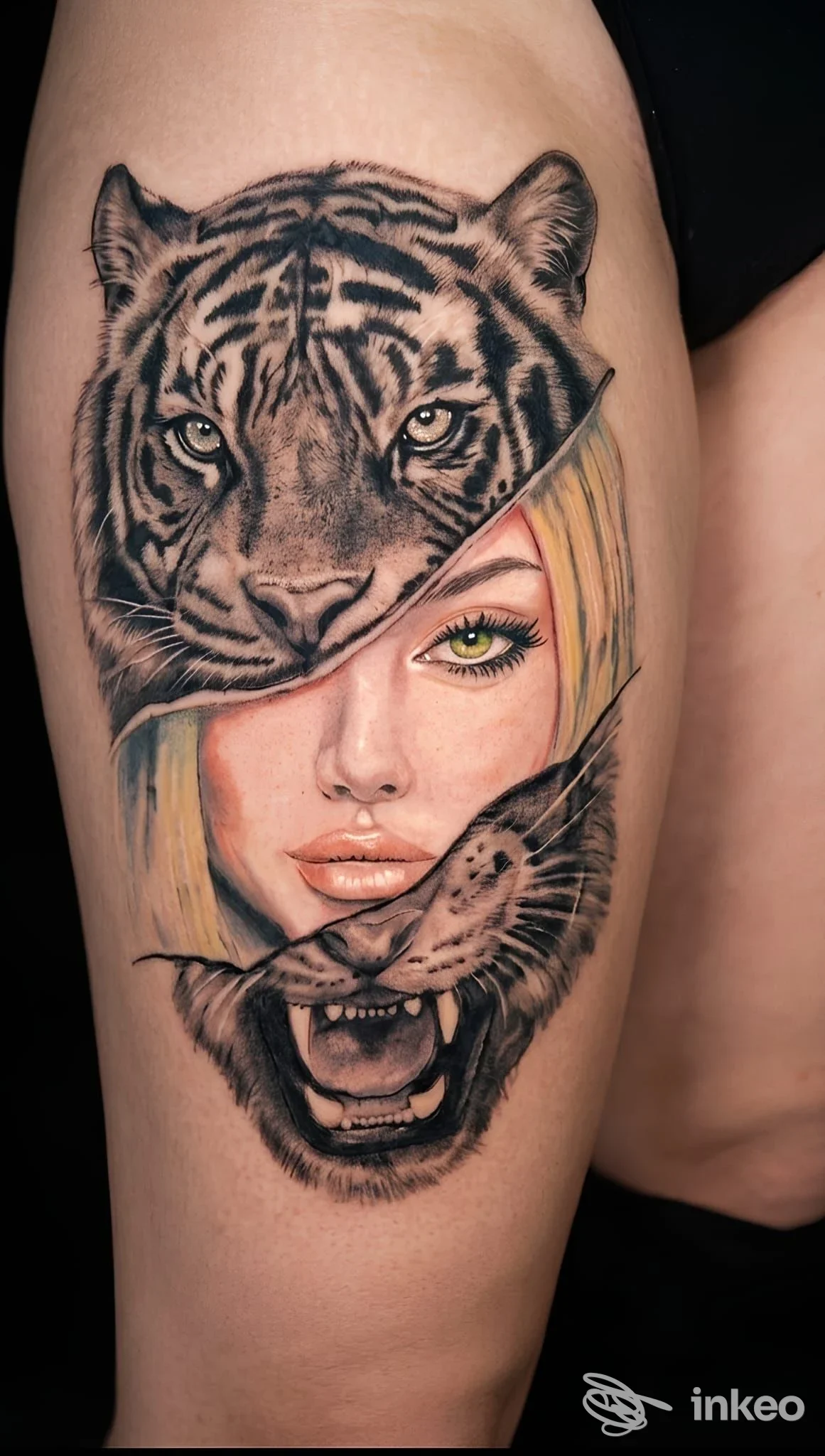 Tatuaggio realistico su coscia con tigri e volto femminile, TATTOO BEAUTY SALOON Condove.