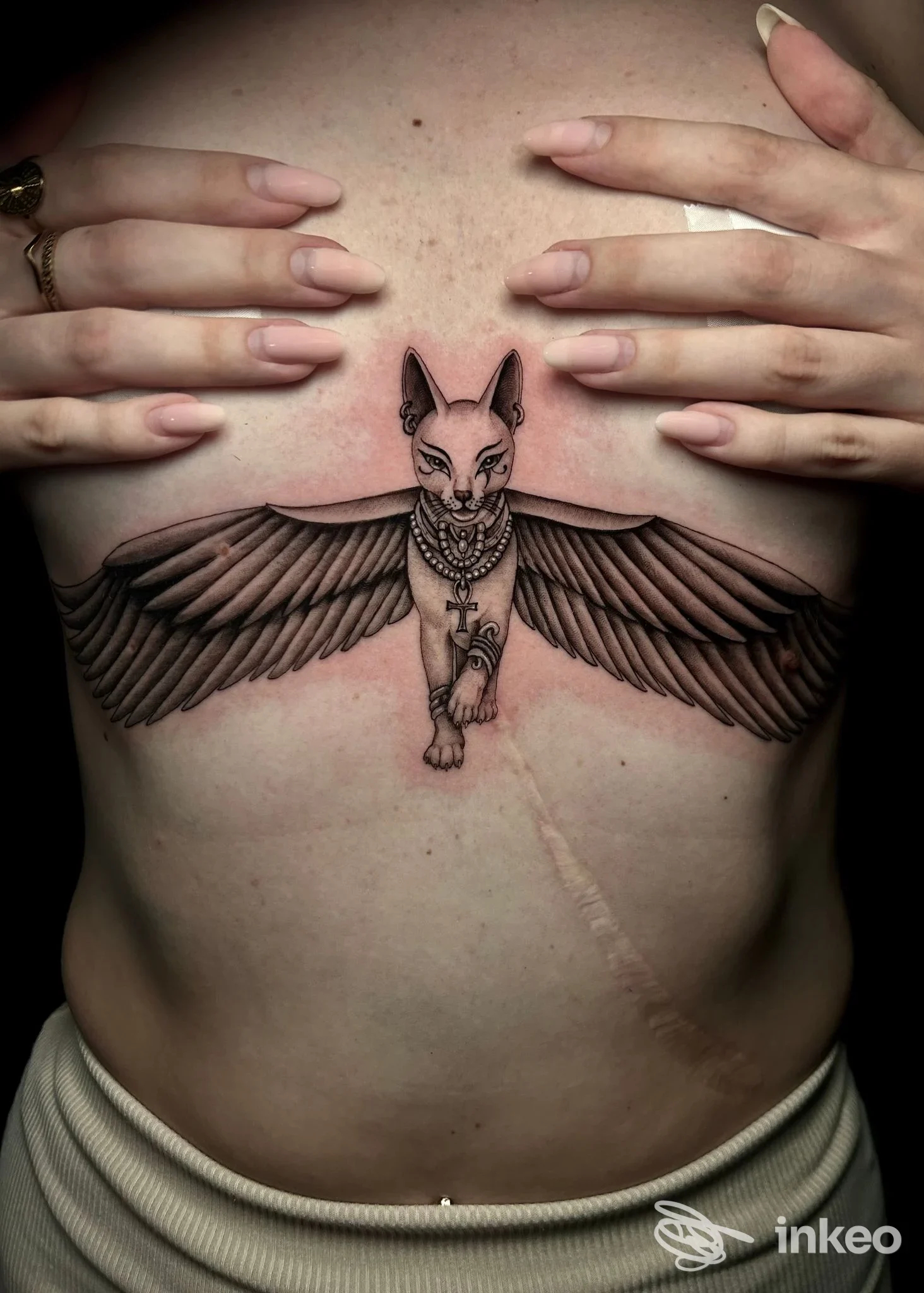 Tatuaggio black-and-grey su torace con animale alato centrale, foto inviata da Prestige Tattoo Studio ad Ancona.