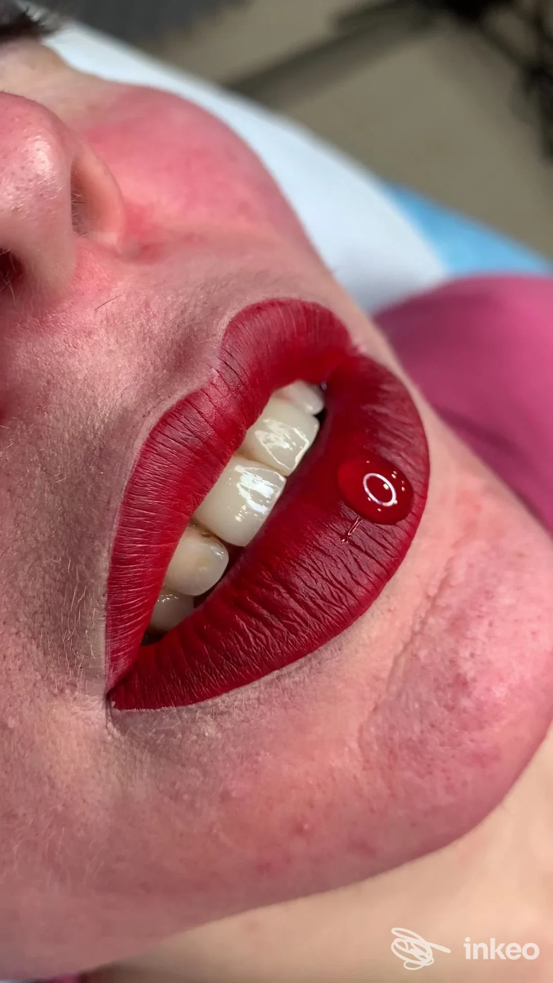 Primo piano di labbra con permanent makeup rosso realizzato presso Yely - Beauty Tattoo & Piercing, Torino.