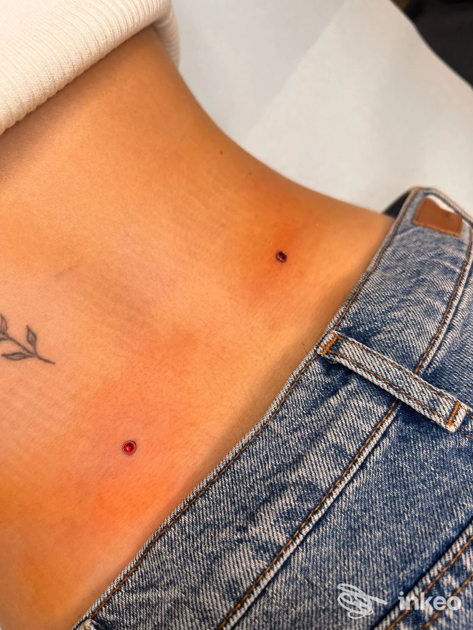 Due microdermal con pietra rossa sul basso ventre, visibile anche un piccolo tatuaggio a ramo. Foto per Yely - Beauty Tattoo & Piercing, Torino.