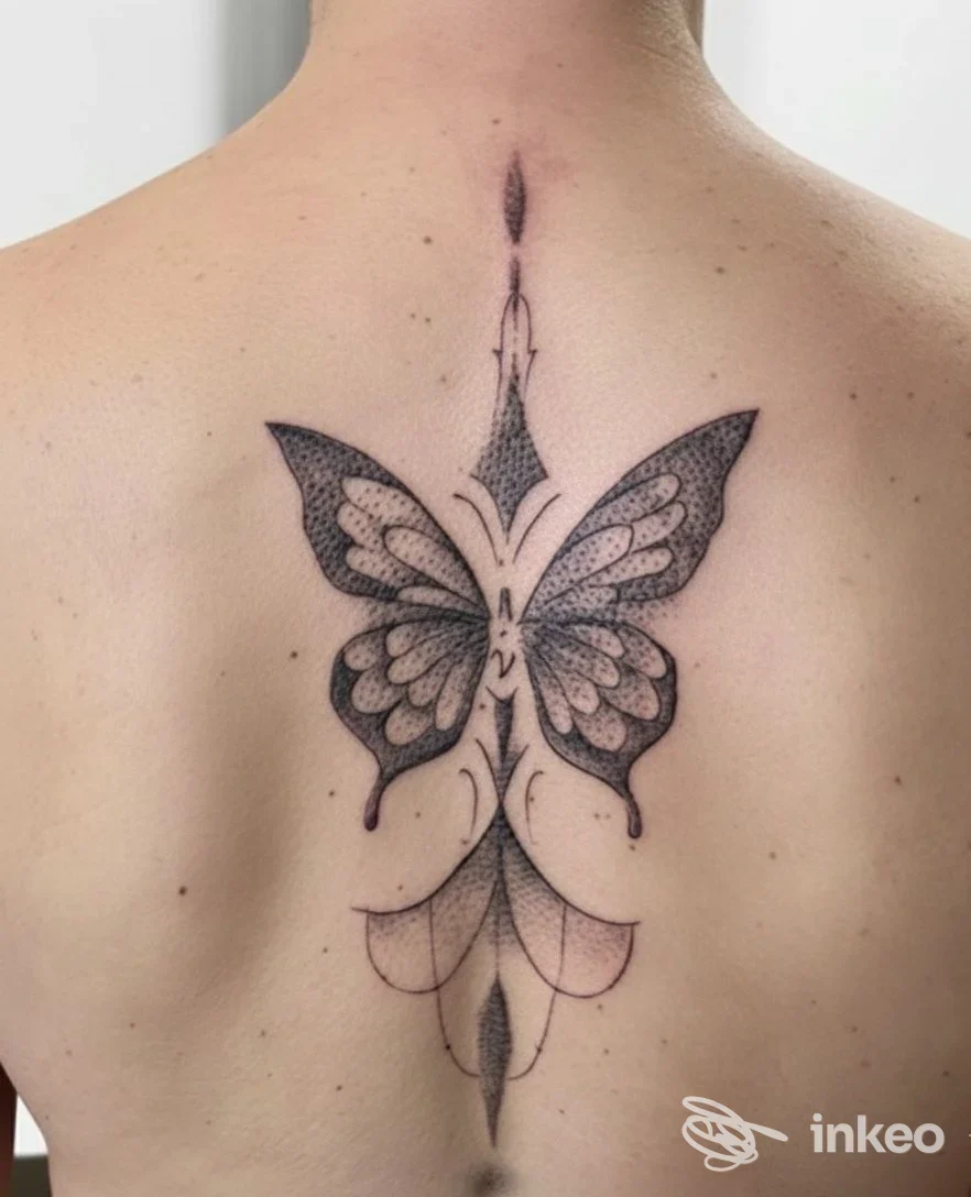 Tatuaggio a forma di farfalla con dettagli puntinati sulla parte superiore della schiena, immagine per Venere Estetica & Tattoo, Surbo.