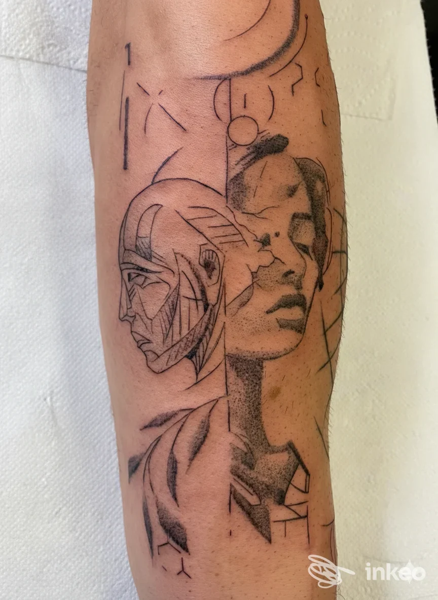 Tatuaggio in nero su avambraccio con due volti stilizzati e forme geometriche, Venere Estetica & Tattoo, Surbo.