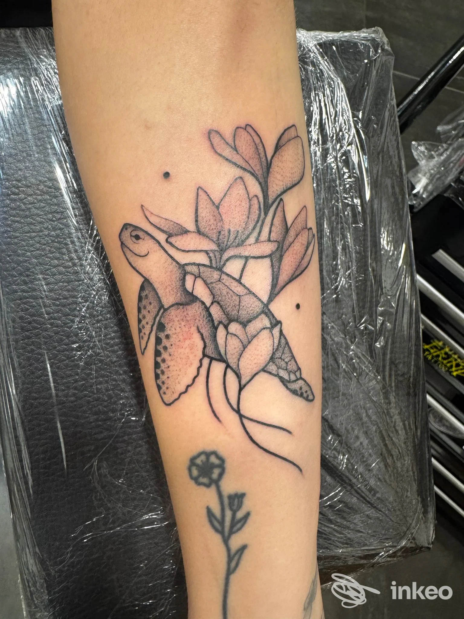 Tatuaggio di tartaruga e fiori sull'avambraccio, Criminal Ink Tattoo Studio, Tortolì.