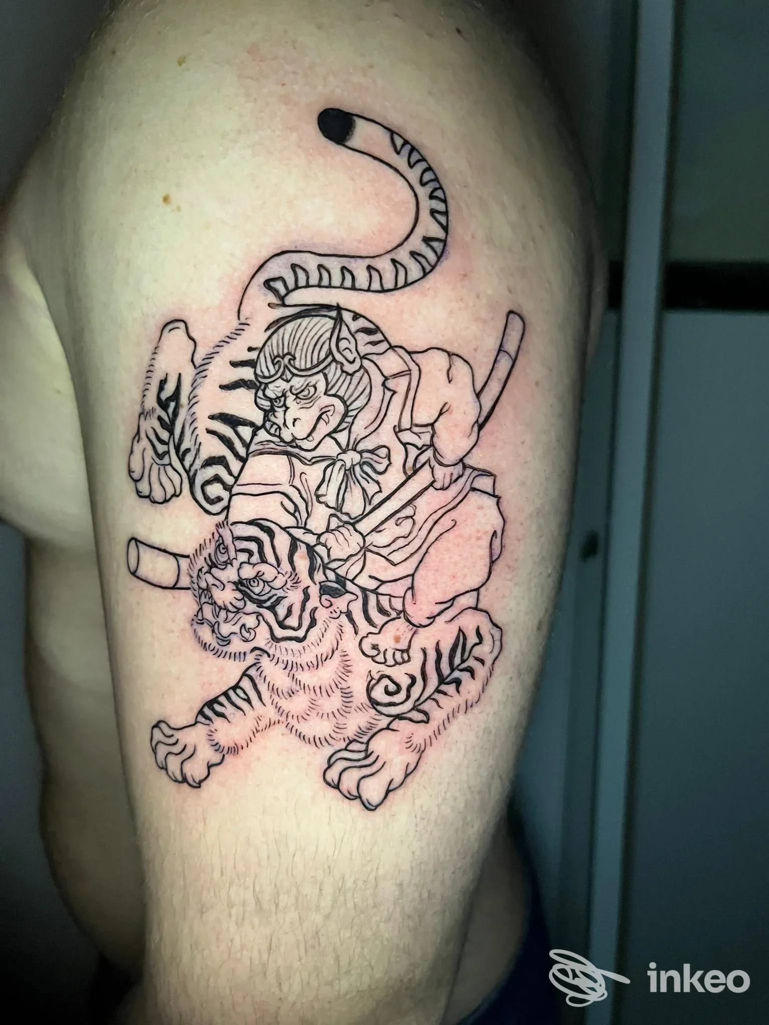 Tatuaggio linework su braccio superiore realizzato da The Lovers APS a Tremestieri Etneo: figura che cavalca una tigre, pelle leggermente arrossata.