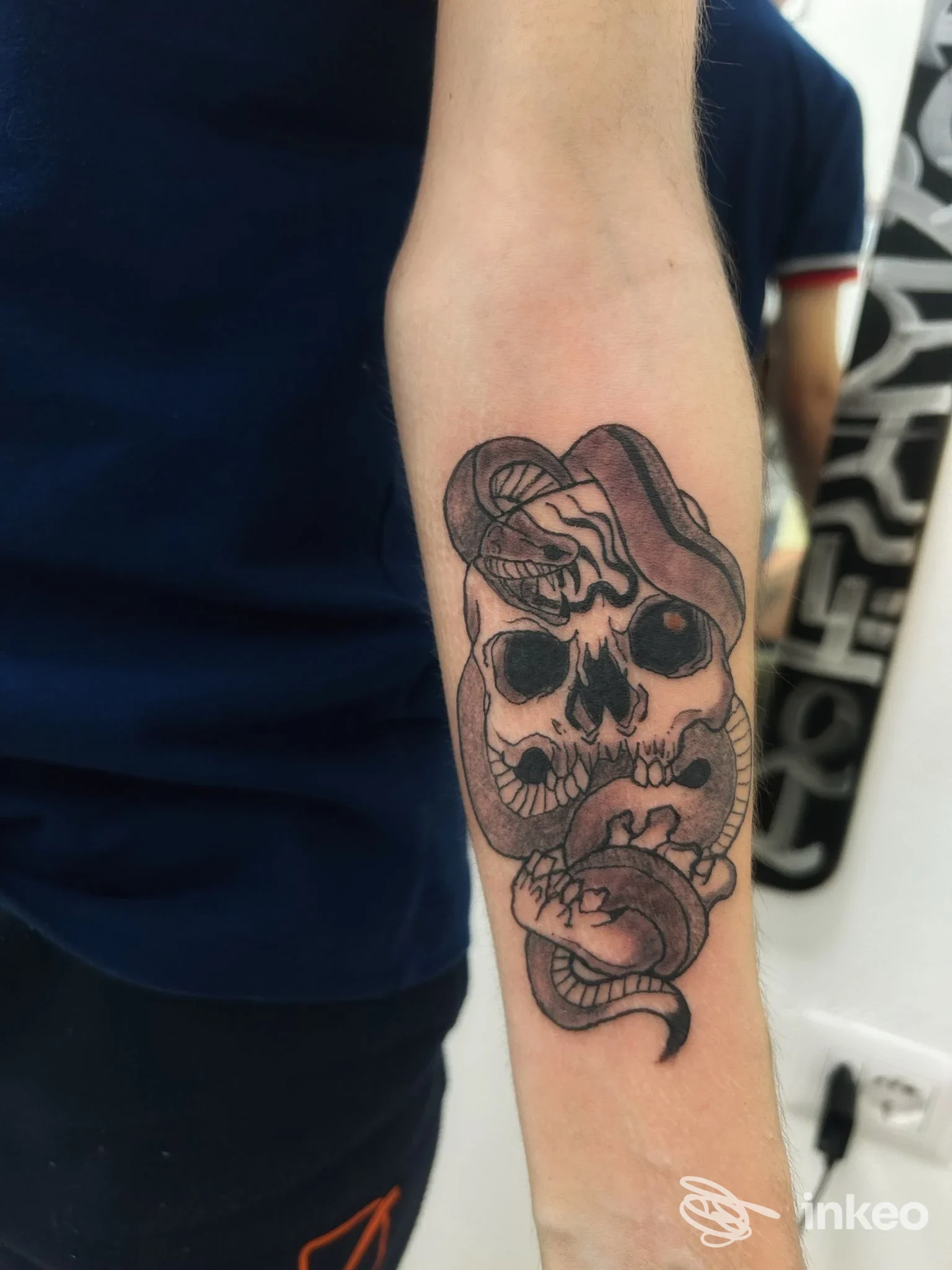Tatuaggio teschio e serpente sull'avambraccio, fotografia dallo studio Litta tattoo lab a Portoscuso.