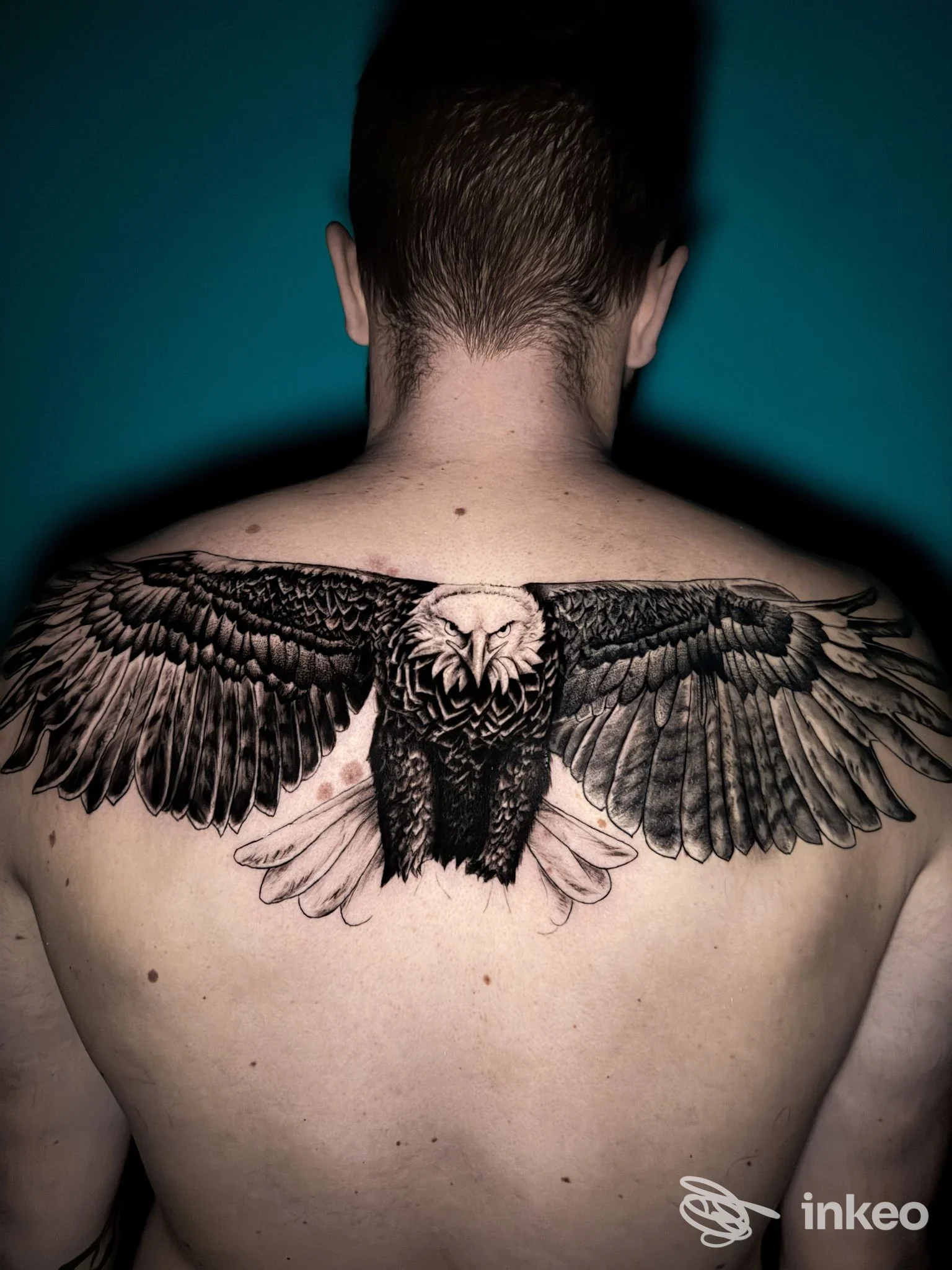 Grande tatuaggio a forma di aquila con ali spiegate sulla parte superiore della schiena, foto associata a Beatrice Capizzi Tattoo, Catania.