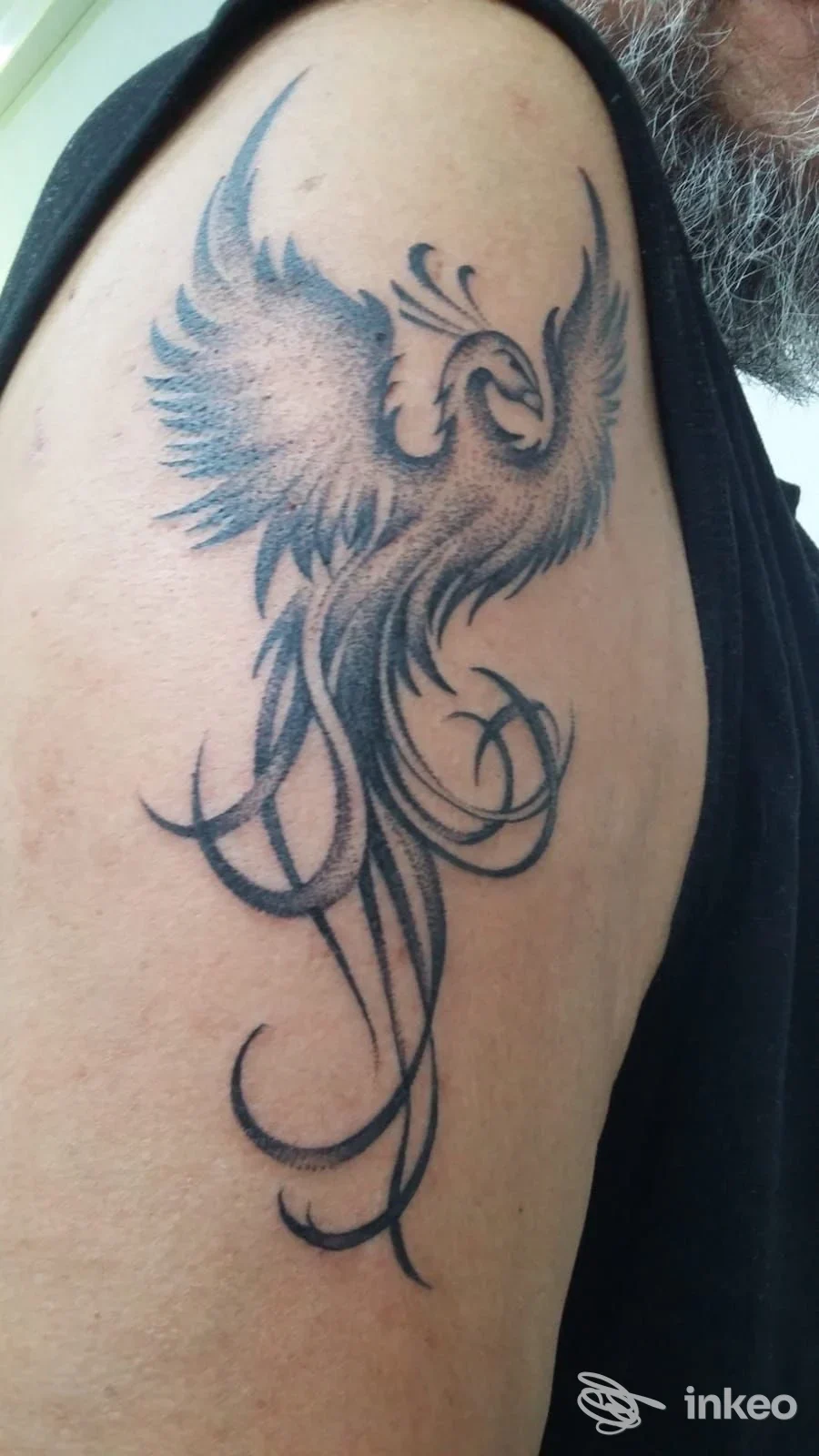 Tatuaggio a fenice stilizzata in nero sul braccio superiore, foto fornita da Vespink Tattoo Studio, Carbonia.