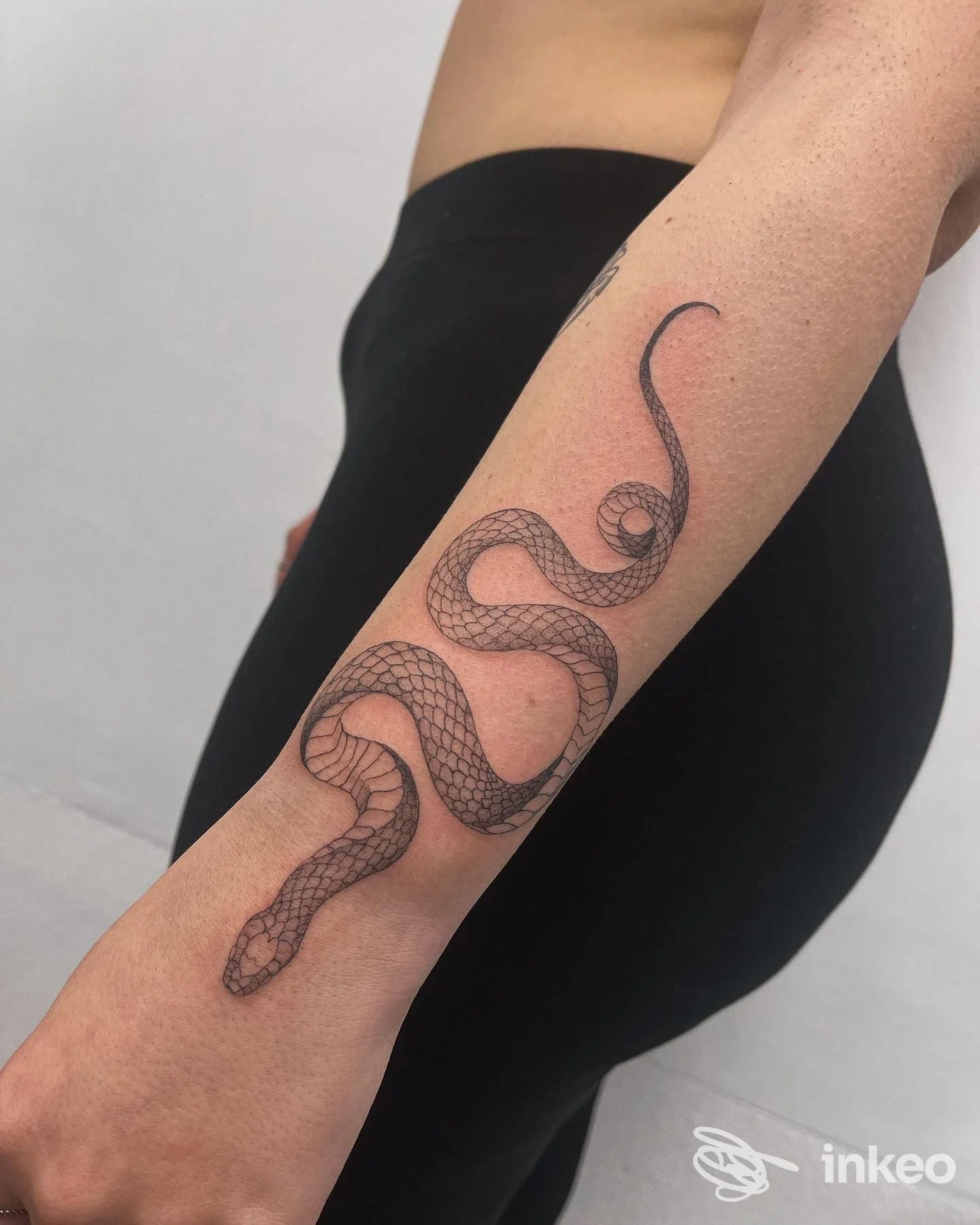 Tatuaggio a forma di serpente su avambraccio fotografato presso Lema Tattoo a Iglesias.