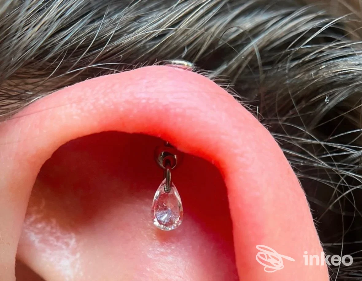 Primo piano di un piercing con pendente a goccia all'orecchio, foto per Royal Fang Ensemble a Bolzano.