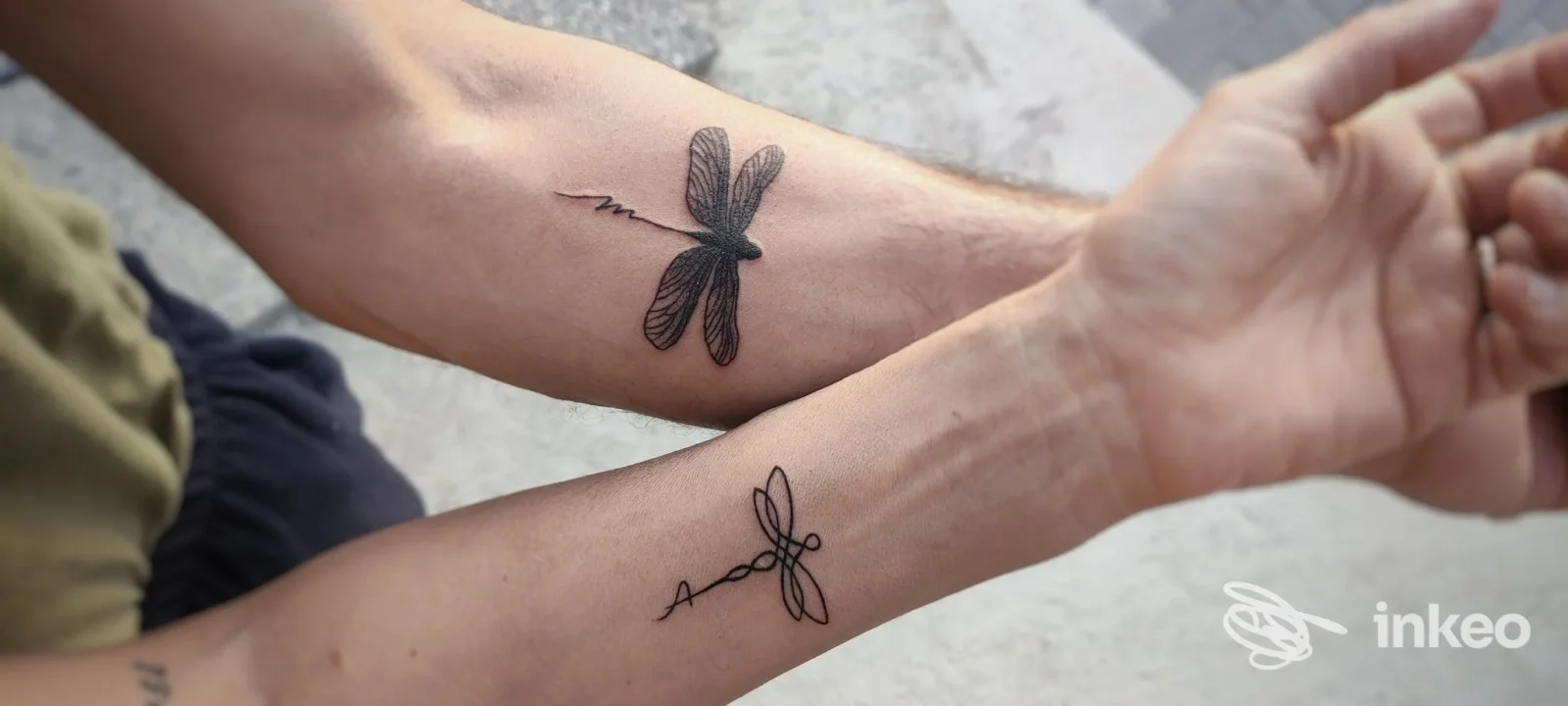 Due avambracci con piccoli tatuaggi di libellula nera, foto fornita da Holo Ink Tattoo Studio, Sarzana.