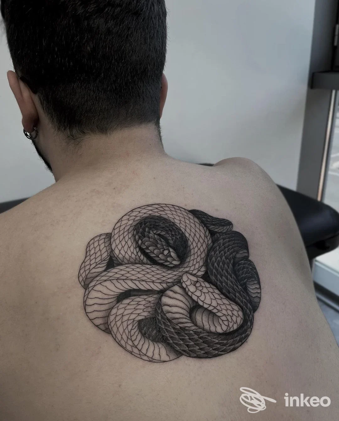 Tatuaggio a serpente nero sulla parte superiore della schiena, foto dallo studio Sartoria Dell’inchiostro Blk a Spinea.