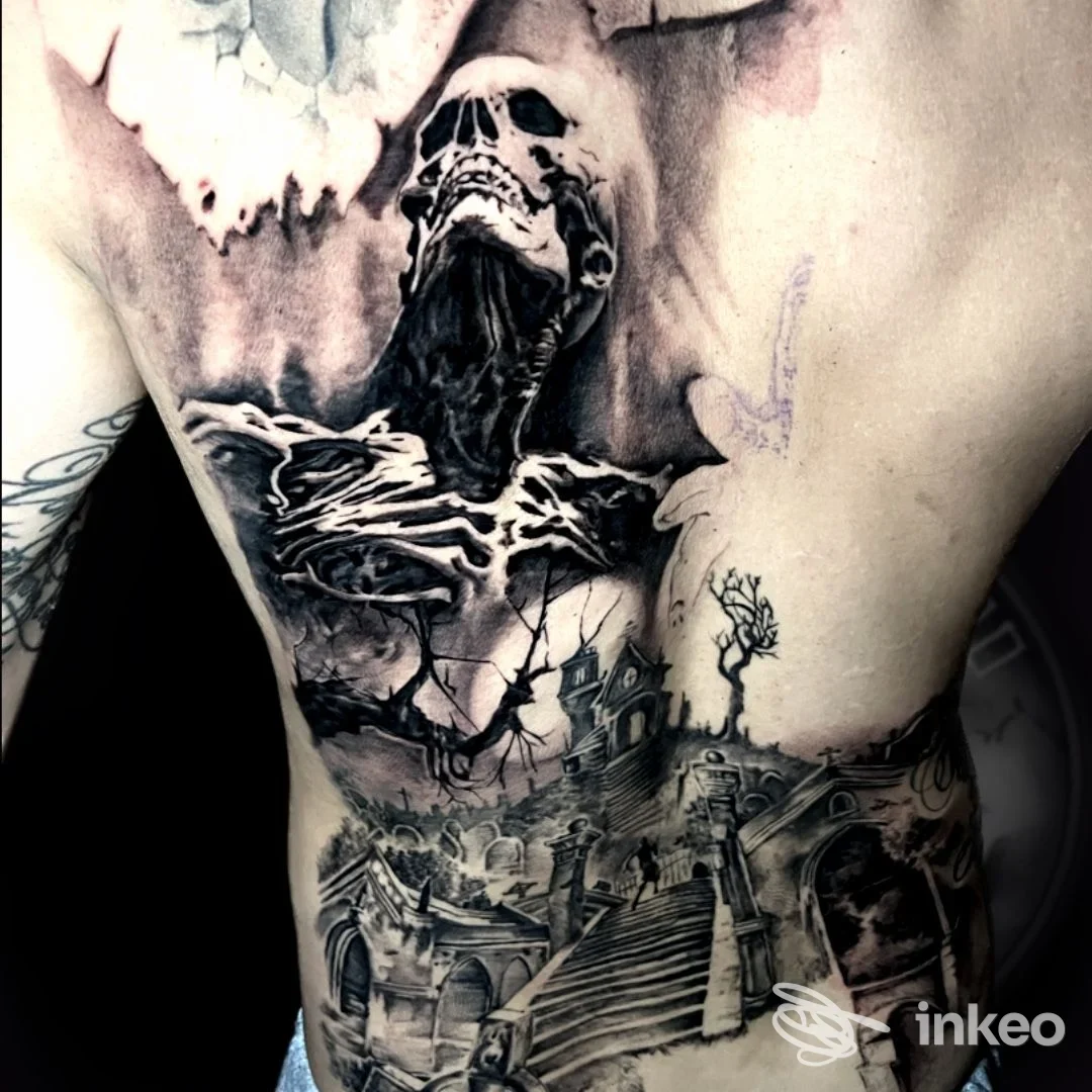Ampio tatuaggio black & grey su torace e fianco con scena horror e cimitero, Tattoo Arts Di Mancinelli Alessio, Foligno.