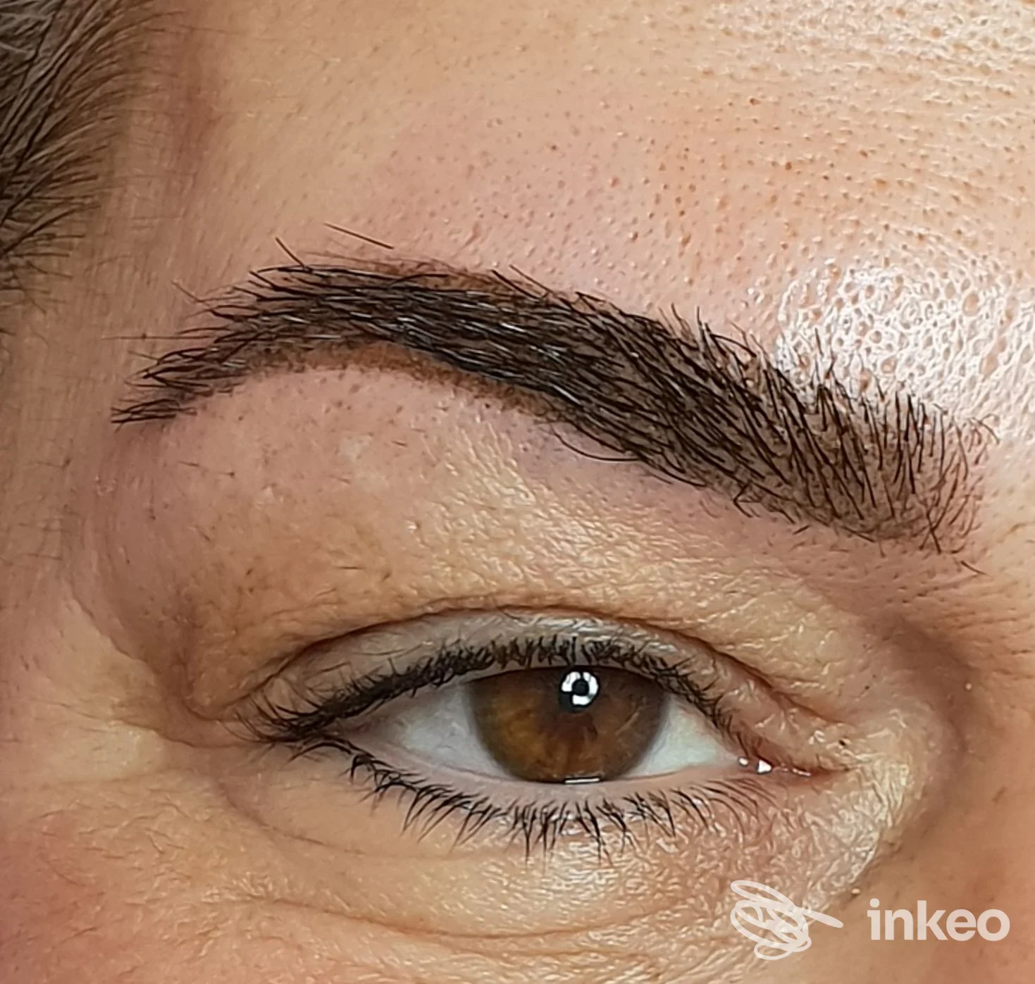 Dettaglio di sopracciglio micropigmentato e occhio, trucco permanente eseguito da Fatima Trucco Permanente, Livorno.