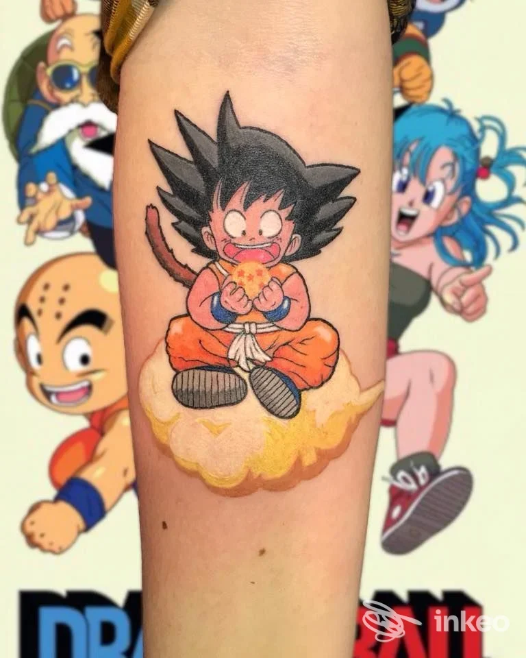 Tatuaggio a colori sul davanti dell'avambraccio raffigurante il giovane Goku, immagine fornita da The Iron Family - Tattoo & Piercing Factory, Viareggio.