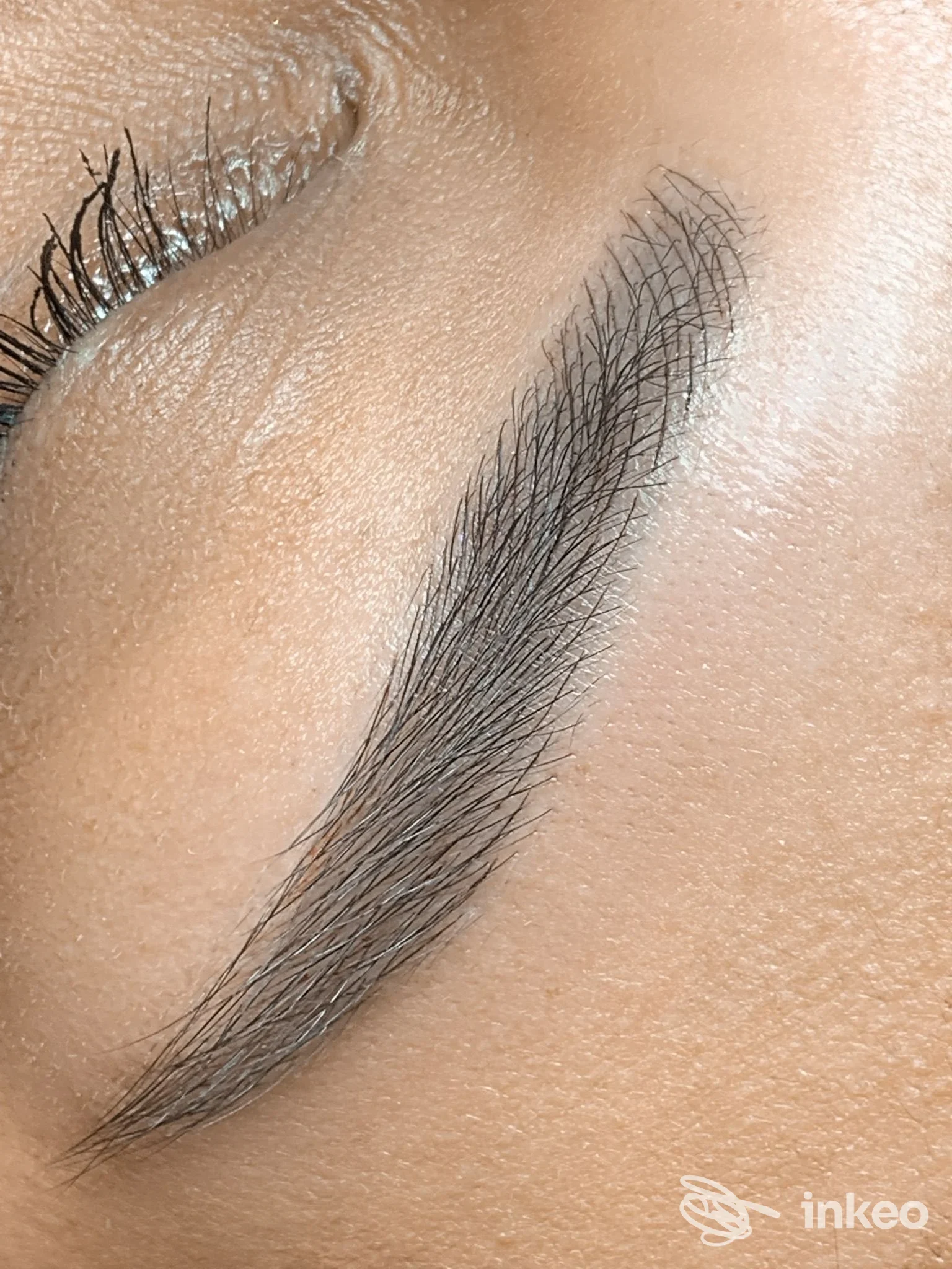 Primo piano di sopracciglio micropigmentato, occhio chiuso; Art Of Beauty - Viky Microblading, Vicenza.