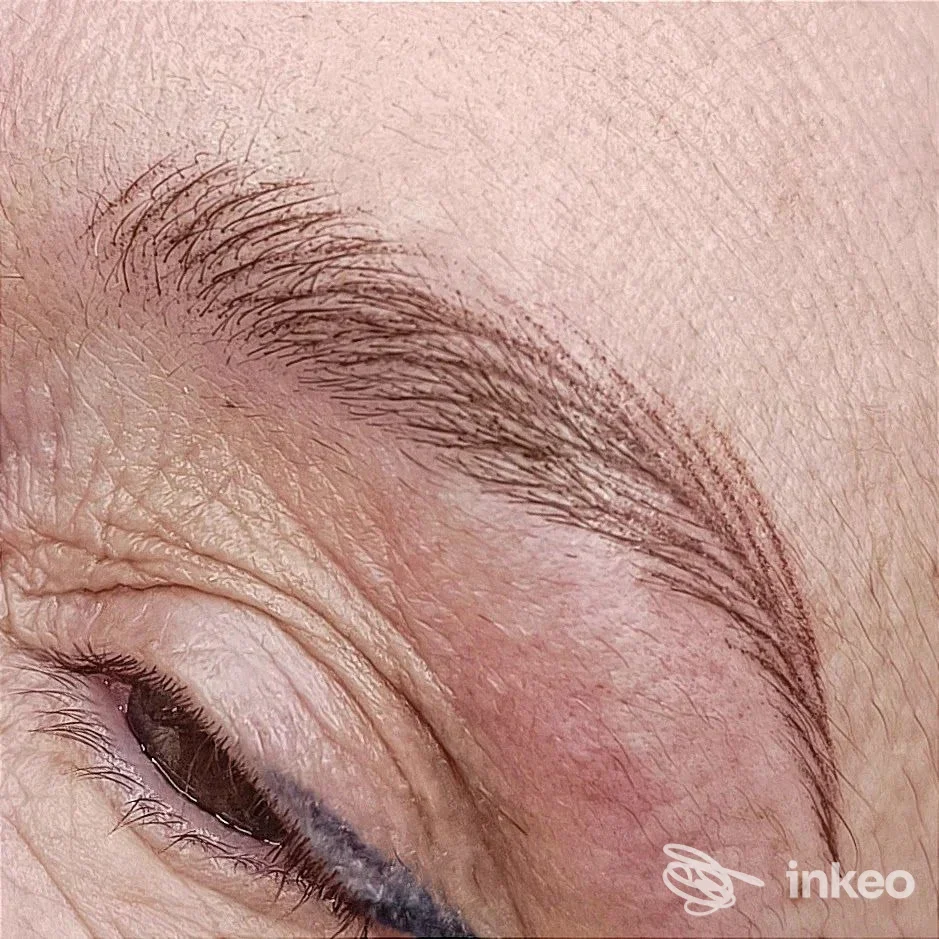 Dettaglio di sopracciglio microbladed eseguito dallo studio Claudia Marcia PMU & Microblading a Pirri, vista ravvicinata della zona occhi.