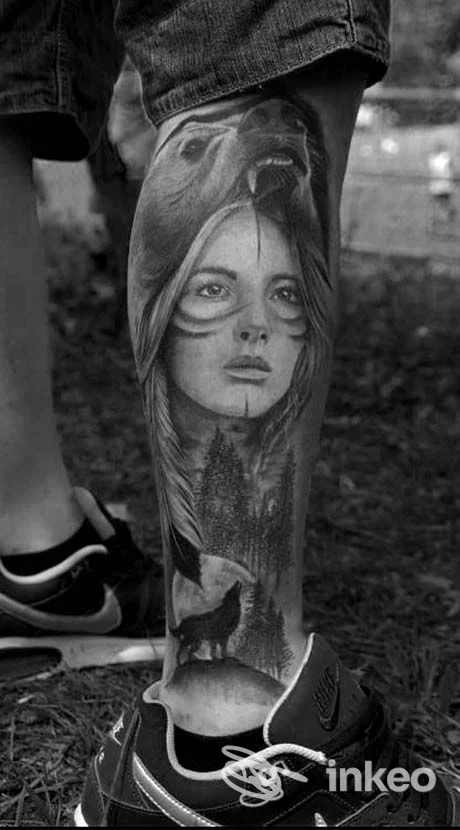 Tatuaggio realistico in bianco e nero su polpaccio: volto femminile, pelle d'animale e lupo. Black Citrus Tattoo, Marina di Santa Maria del Cedro.