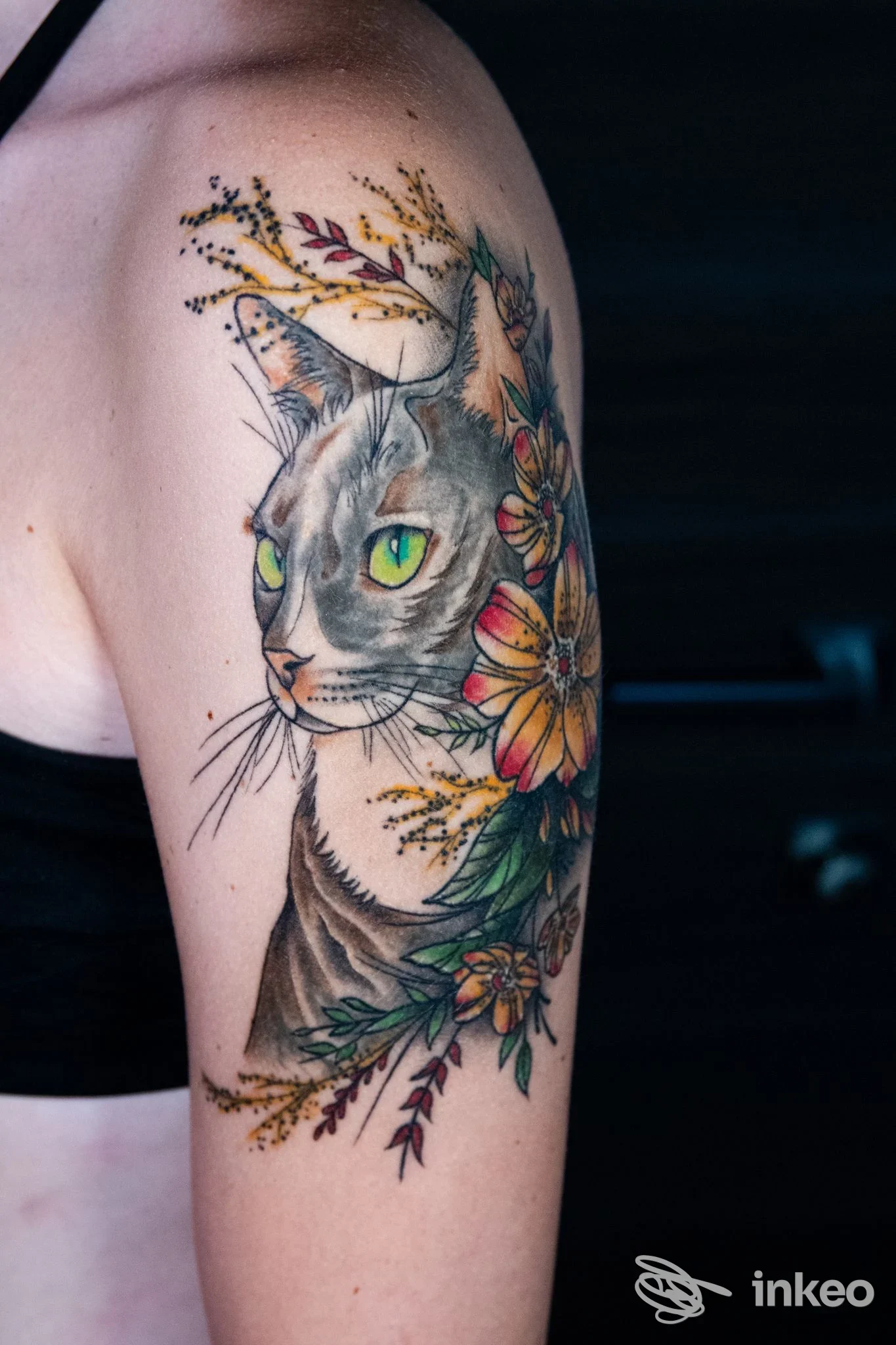 Tatuaggio a colori di un gatto con fiori sul braccio superiore, foto fornita da Tattoo Boutique, Colfosco.