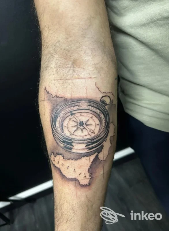 Tatuaggio su avambraccio di bussola con mappa in stile blackwork, foto fornita da Incubo Tattoo Studio a Molinetto.