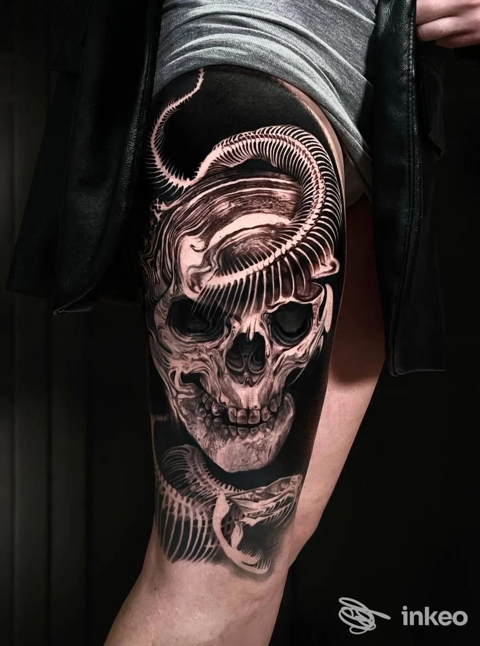 Tattoo realistico su gamba raffigurante teschio con corna, occupa gran parte della coscia, pelle visibile senza volto.