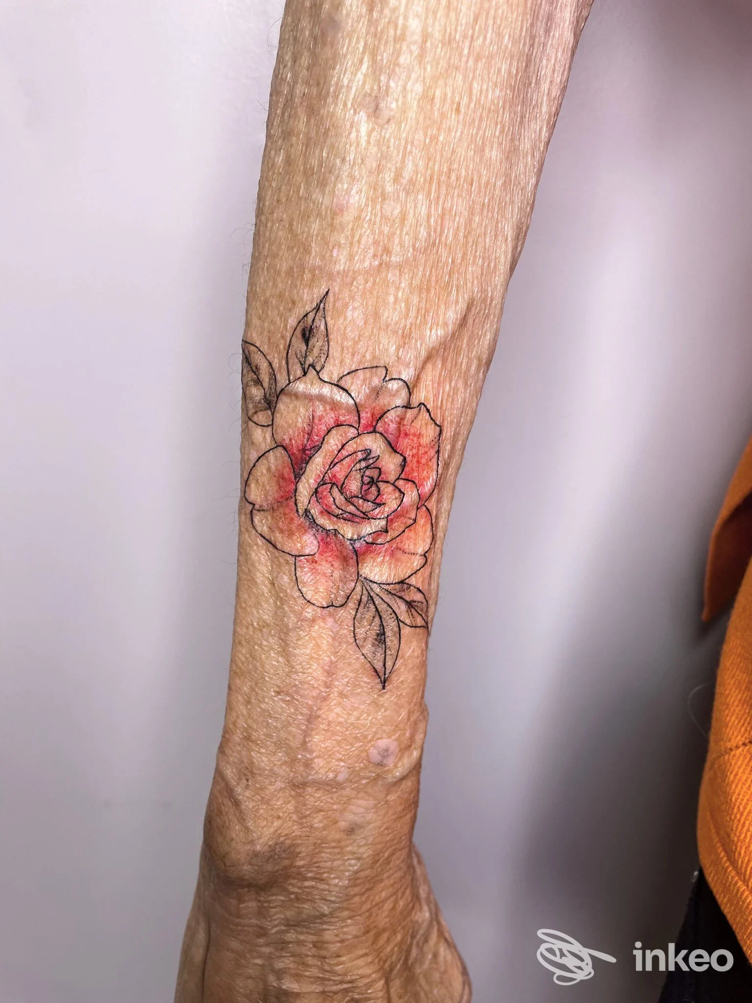 Tattoo su avambraccio raffigurante rosa con petali rossi e contorni neri, accompagnata da foglie, eseguito su pelle."