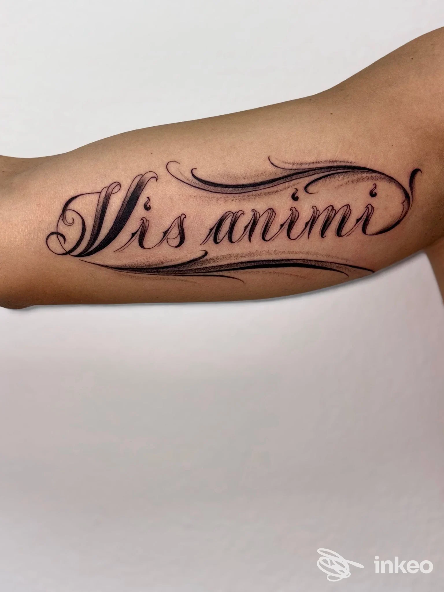 Tatuaggio elegante in corsivo sul braccio con decorazioni, eseguito su pelle reale; visibile solo l'avambraccio senza volto né elementi di contesto. Studio Lady Otaku Tattoo Studio, città non specificata.