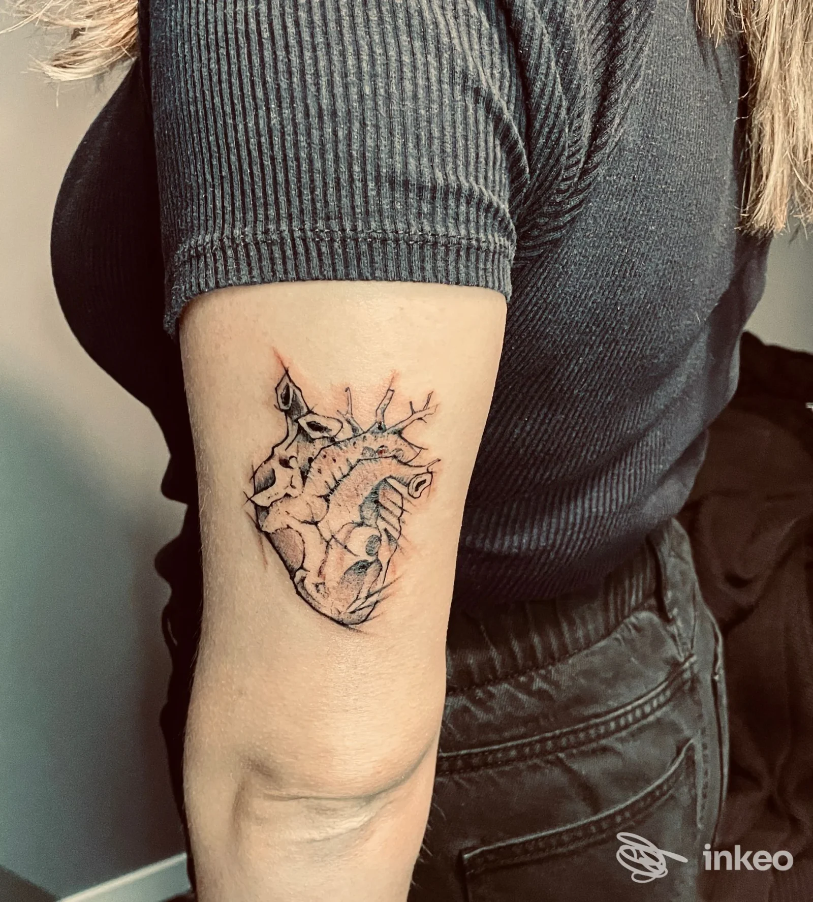 Tatuaggio realistico sul braccio raffigurante un cuore anatomico con linee pulite e dettagli ramificati, eseguito sulla pelle reale di una persona.
