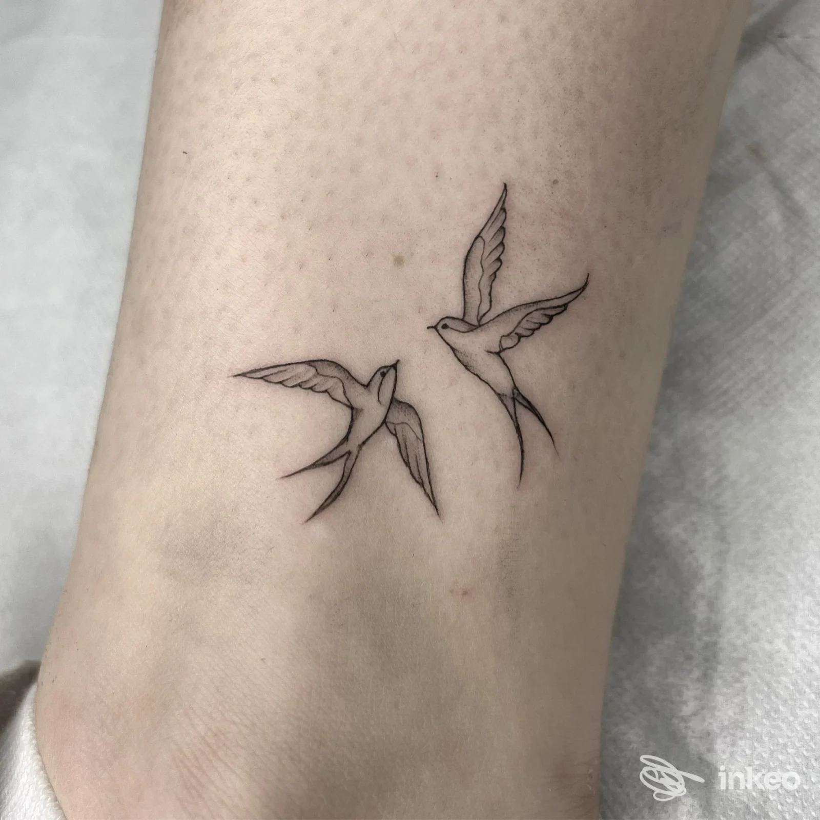 Due rondini tatuate sull'avambraccio, realizzate con linee fini in stile minimal, eseguite presso GiaDaTempo Tattoo Studio.