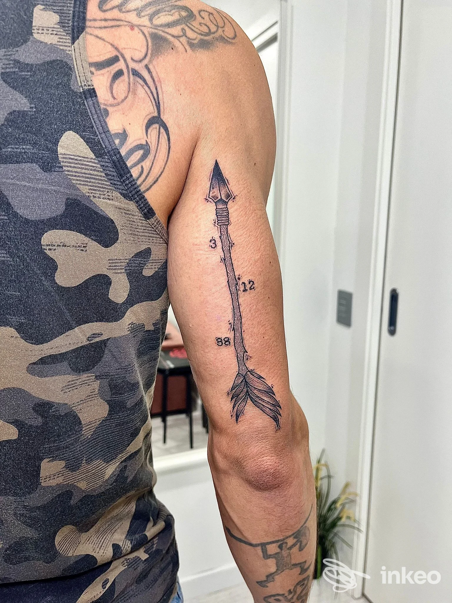Un braccio visibile mostra un tatuaggio a freccia lungo la parte esterna del braccio; nessun volto è visibile, e non ci sono elementi promozionali o testi sovrapposti.