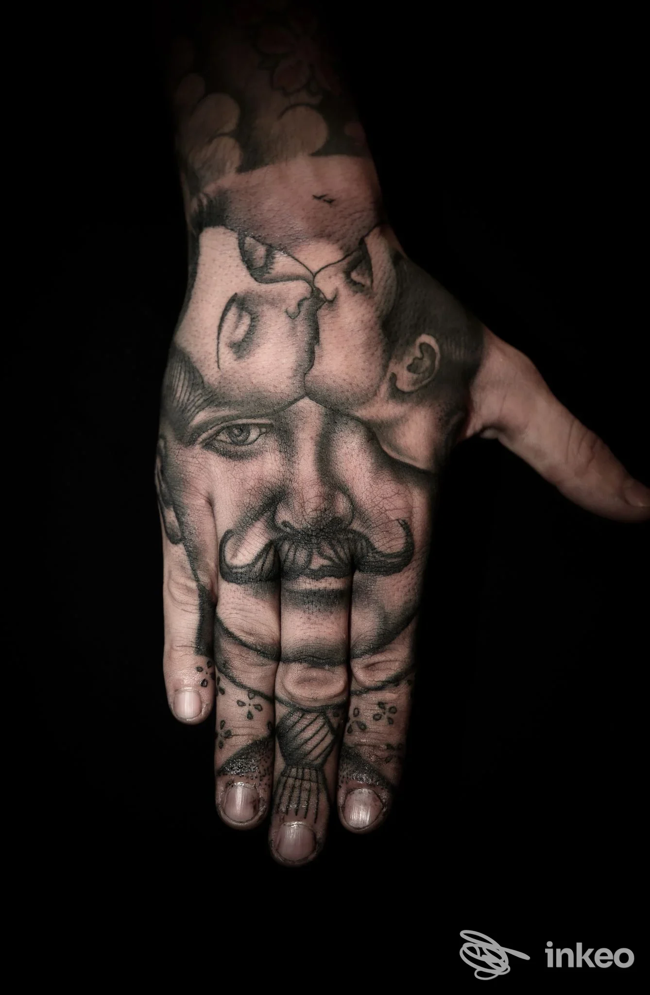Tattoo in bianco e nero su dorso della mano: ritratto stilizzato con baffi e cappello, esteso alle dita, sfondo totalmente nero.