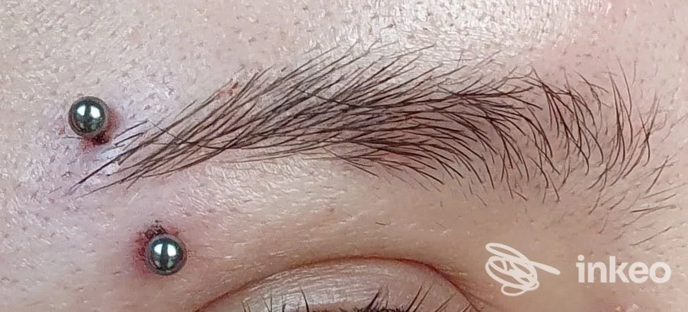 Due piercing visibili sull arcata sopraccigliare vicino al sopracciglio, due palline metalliche in dotazione su pelle, immagine di primo piano del volto parziale.