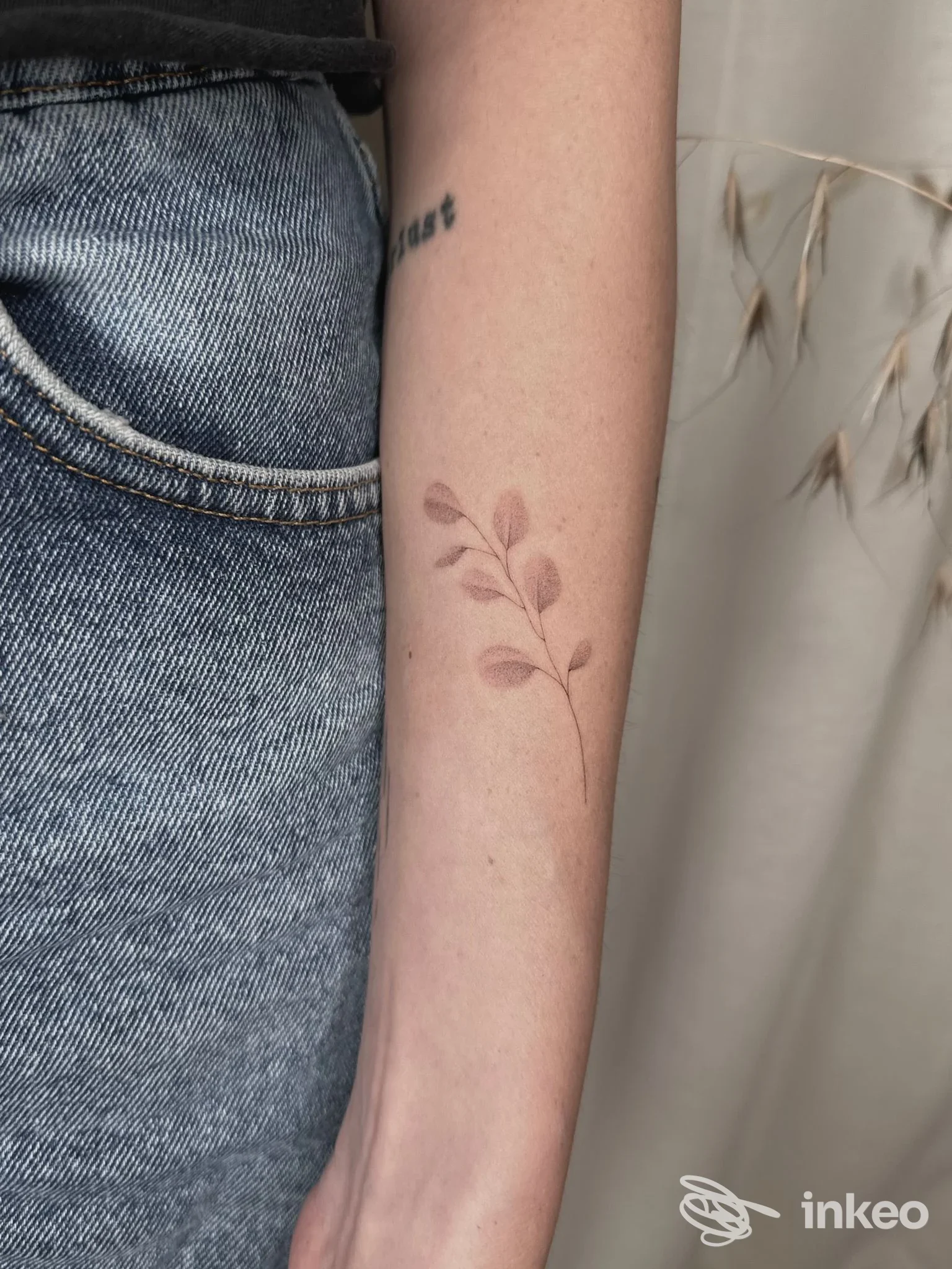 Braccio di una persona con un piccolo tattoo di una ramificazione vegetale sulla pelle, senza viso visibile, sfondo neutro.