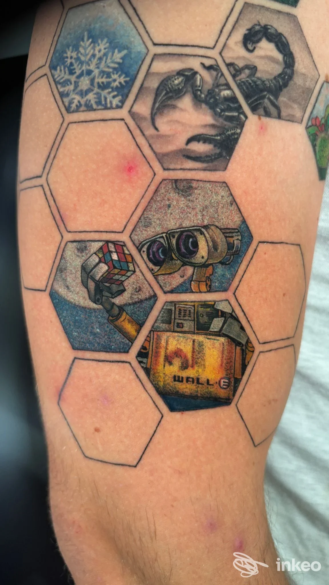 Tattoo sul braccio con motivo esagonale: esagoni contengono Mini-tatuaggi tra cui un cubo di Rubik, un personaggio robotico, Wall-E e altri piccoli elementi colorati; assenti volti completi.