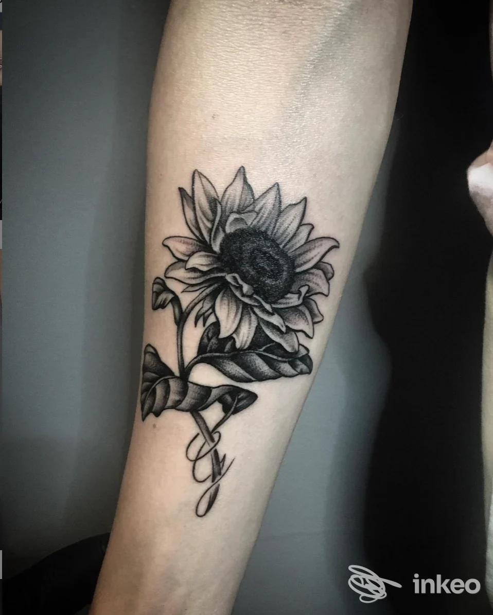 Girasole in bianco e nero tatuato sull’avambraccio sinistro, con dettagli di shading e foglie