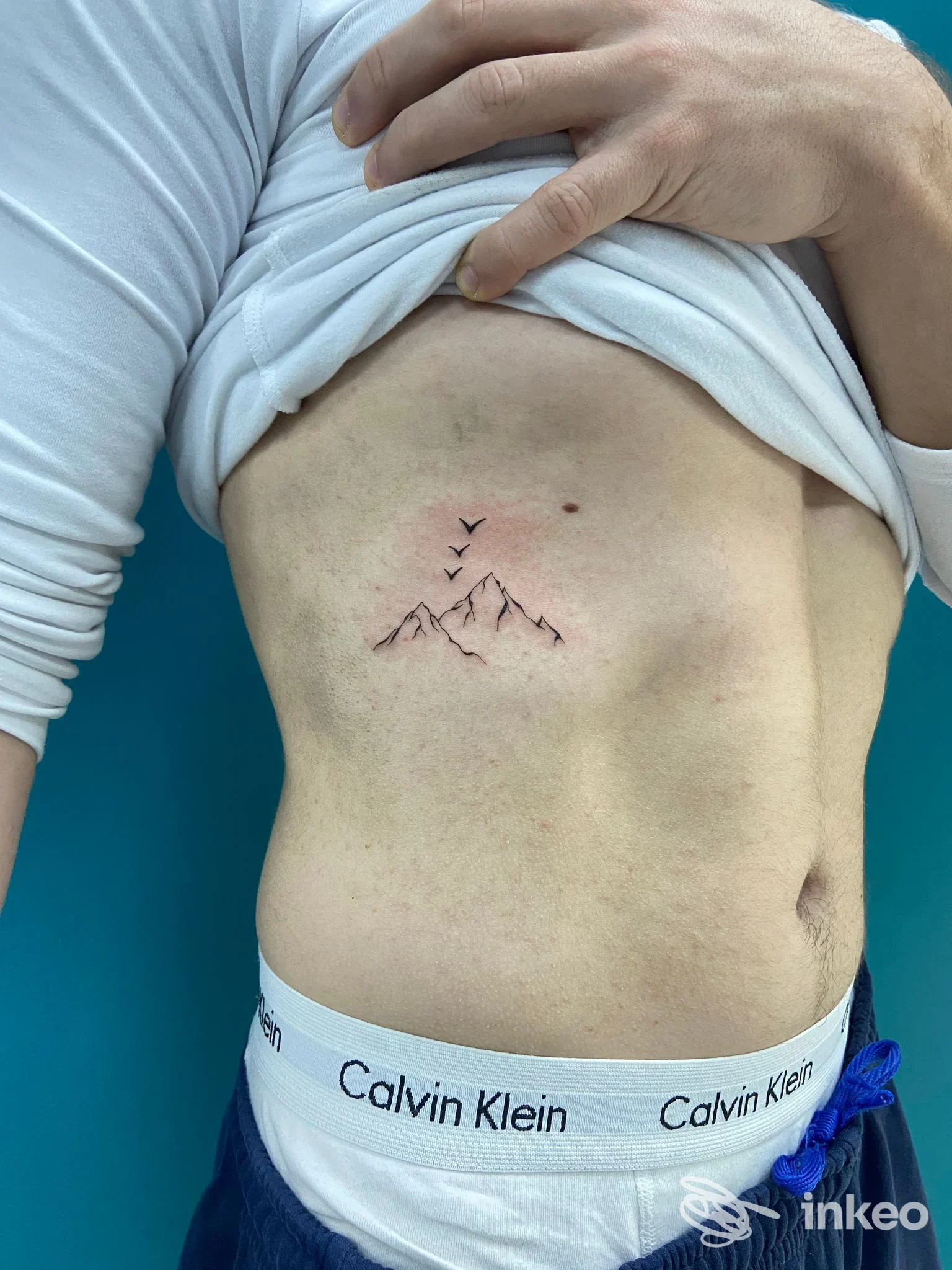 Tattoo a montagna sul fianco sinistro di una persona, realizzato sulla pelle, senza presenza di volto o elementi di social media.