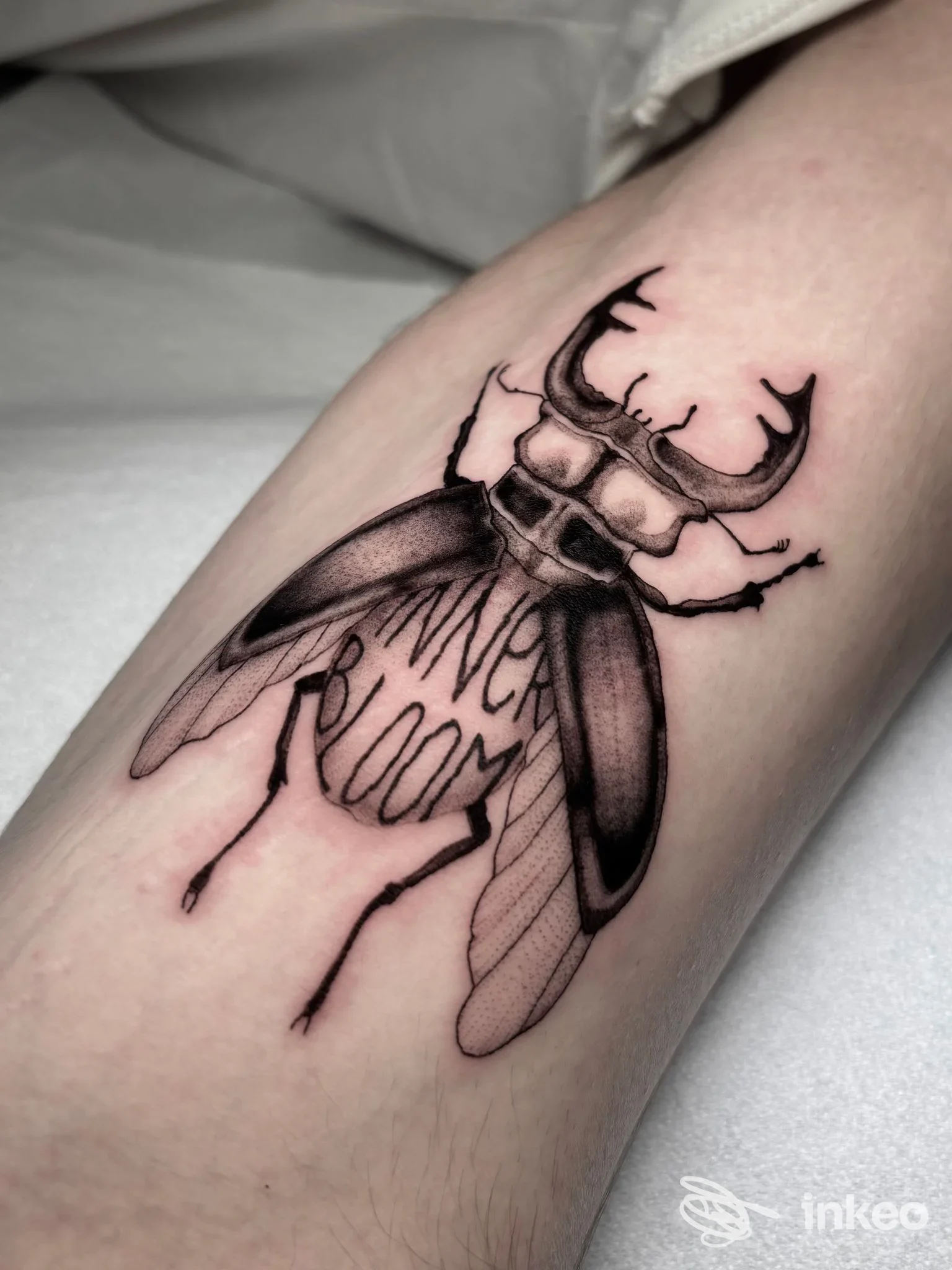 Tatuaggio su pelle visibile di un insetto stilizzato, corpo centrale a linee nere e sfumature grigie sull’avambraccio.