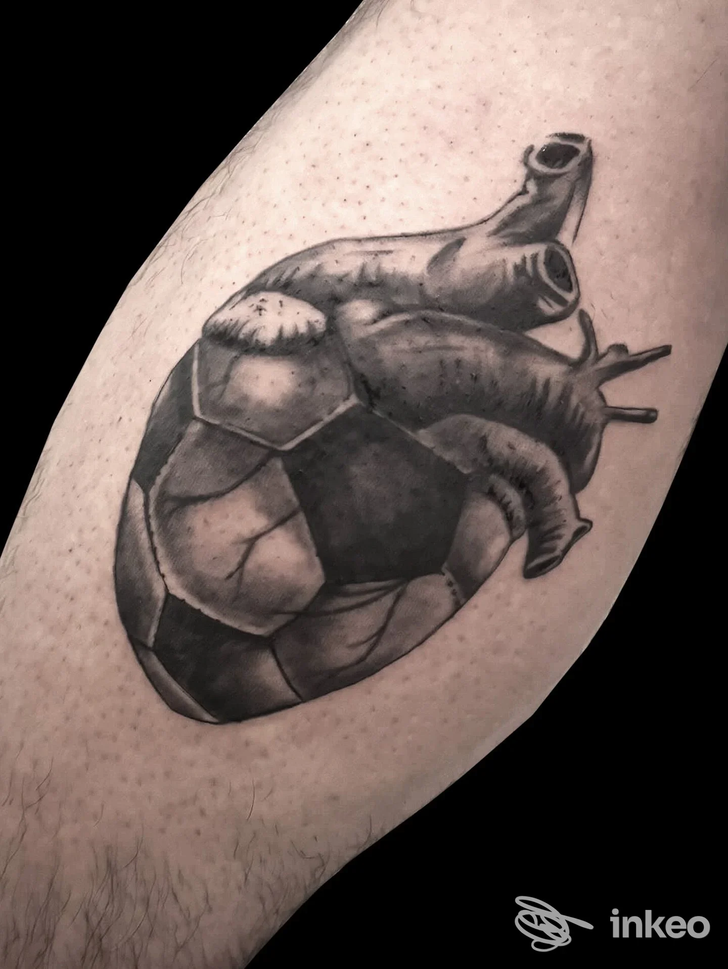 Tattoo anatomico a cuore su avambraccio sinistro, eseguito da l4tattoo (città non specificata), in tonalità grayscale con dettagli di shading.